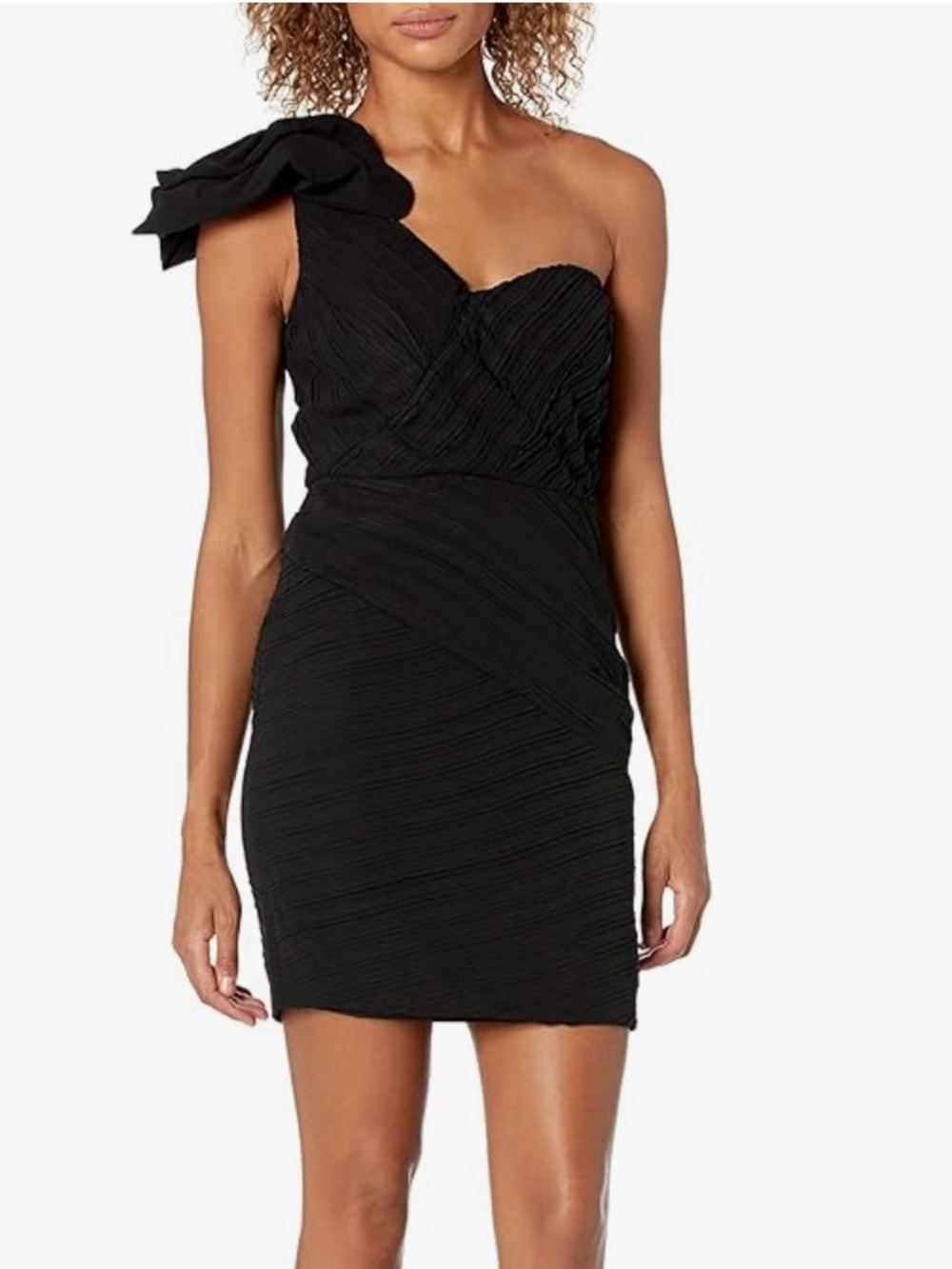 Minuet Black One-Shoulder Textured Mini Dress with Shoulder Bow Medium
